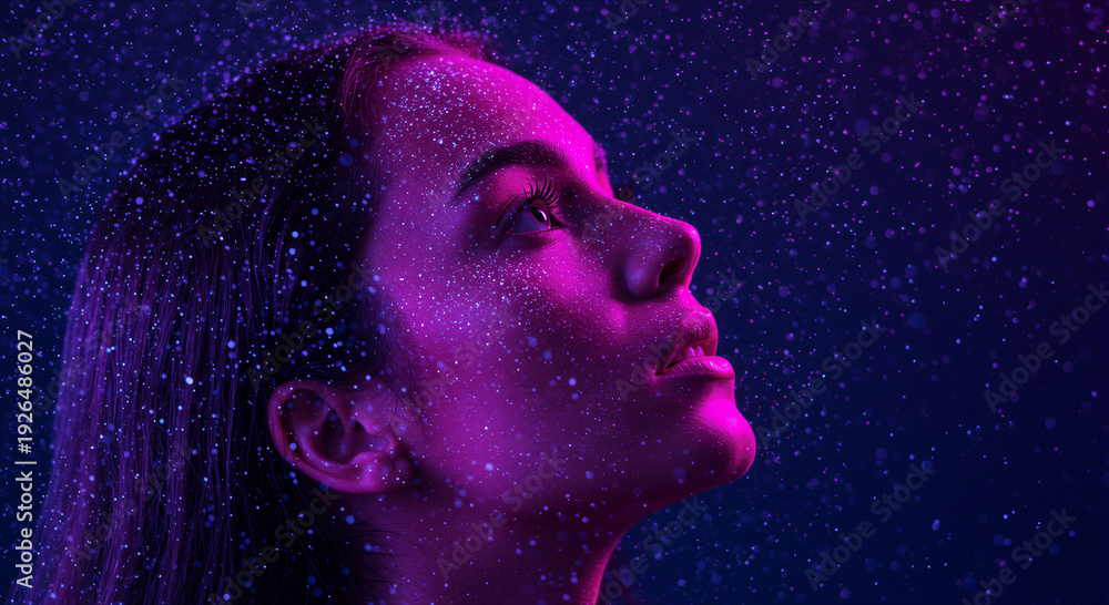 Fototapeta premium Woman gazing upward in starry purple cosmos. Ethereal portrait with sparkling lights on face. Dreamy space and mystery concept for inspirational digital art.