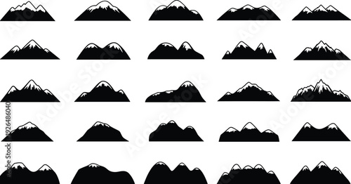 Mountain silhouette vector, landscape illustration icon, outdoor nature design, alpine peak art, wilderness scenery graphic, adventure travel logo collection set