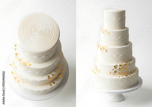 High Angle Perspective of a Five Tier Minimalist White Wedding Cake Decorated with Gold Leaf Accents and Geometric Textures. Elegant Modern Bridal Cake Design with Spiral Top Pattern and Luxury Gold