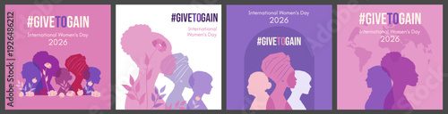 Hashtag give to gain international Womens Day 2026. Banner or social media template set. Female silhouettes with flower decor. 