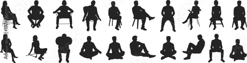 People sitting silhouette vector, seated posture illustration, human chair icon, ergonomic design element, diverse sitting position art collection pack