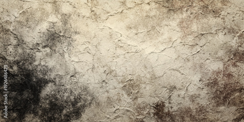 Aged parchment paper texture overlays a dirty vintage stone wall with a brown grungy pattern for an ancient damaged surface backdrop