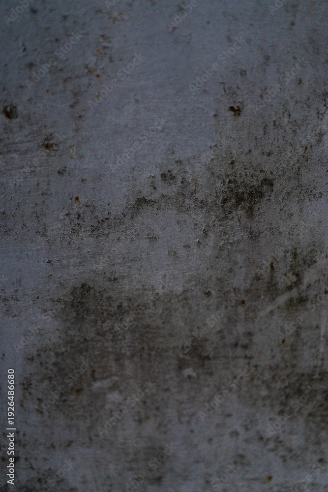 Fototapeta premium Detailed shot of a grungy, weathered grey concrete or metal surface with dark water stains and rust spots. Gritty industrial texture perfect for atmospheric background designs.
