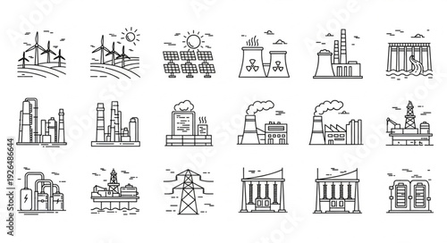 Industrial and manufacturing plants and factories in a line, black and white.