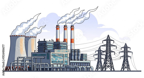Industrial power plant with smoke stacks generating energy for the city.