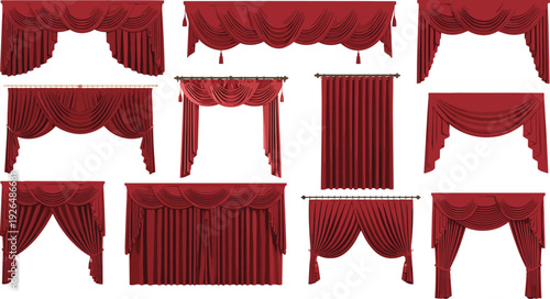 Red curtain designs collection, decorative draping pleated styles, stage backdrop window treatment options, interior decoration icons, flat vector illustration