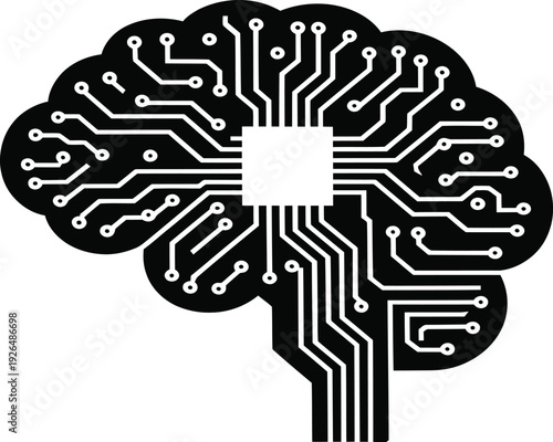 Black and white illustration of a brain made of electronic circuit board