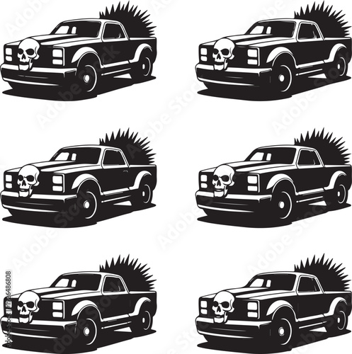 blackandwhite graphic illustrations of pickup trucks with skulls on the front grille