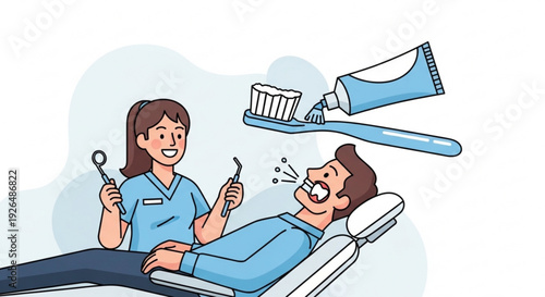 Dentist and patient in dental chair with toothbrush and toothpaste