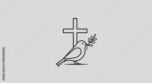 A minimalist line art illustration depicting a dove holding an olive branch next to a Christian cross, symbolizing peace, hope, and faith.