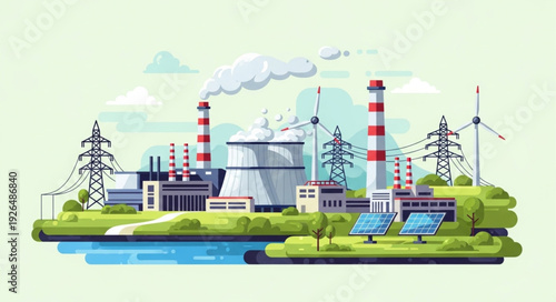 Modern industrial complex showcasing power generation and sustainable energy sources.