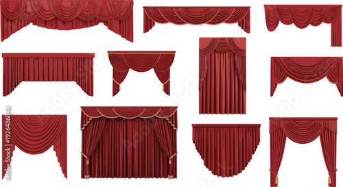 Red stage curtain designs collection, decorative draping pleated styles, theater backdrop options, performance venue decoration icons, flat vector illustration
