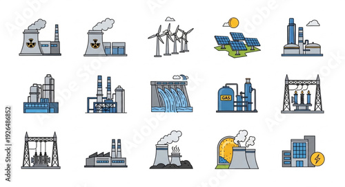 Various illustrations of different types of power plants and energy sources for industry.