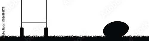 Rugby goal posts and ball silhouette on grass field, isolated sports equipment illustration on white background vector