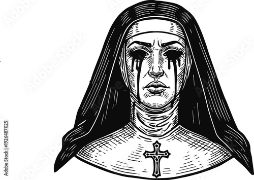 Crying nun with black tears and religious cross, sorrowful catholic woman in habit illustration