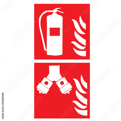 Red and white fire extinguisher and fire hydrant pipes signs on a white background