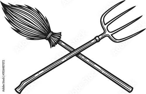Vintage hand drawn crossed broom and pitchfork illustration cleaning and farming tools symbol