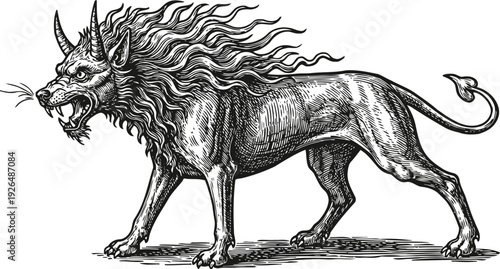 mythical creature with lion body, goat head, flowing mane, sharp claws, and a tail with a flame tip