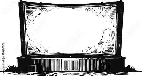 Vintage outdoor movie theater screen with wooden frame in black and white engraving