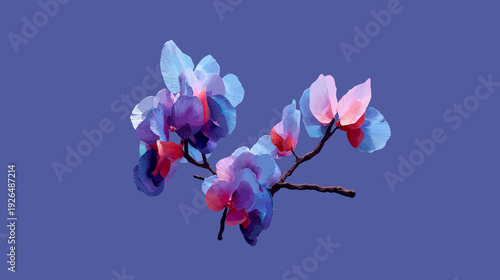 A digital illustration of orchid flowers with petals of purple, red, and blue shades on a branch