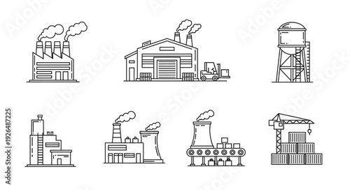 Industrial factory buildings and water tower in line art style.