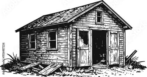 Abandoned wooden shed with open doors and weathered exterior surrounded by grass and debris
