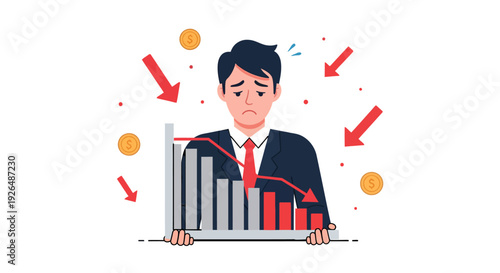 Businessman Feeling Sad and Depressed Due to Business Loss and Declining Stock Chart.