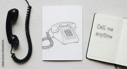 Black Landline Phone with Notebook and Sketch.