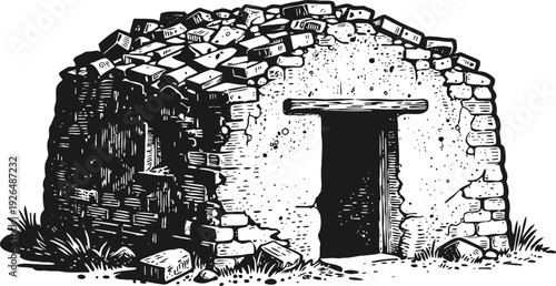 Old stone hut illustration vintage hand drawn rustic rural house with open doorway