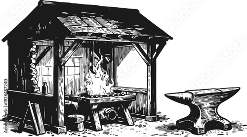 Blacksmith forge with fire and anvil in old wooden smithy workshop detailed vintage illustration