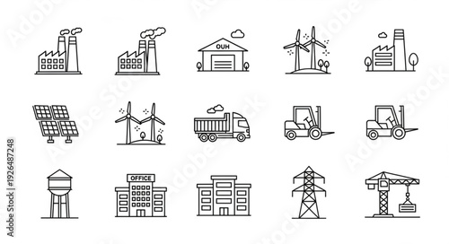 Collection of industrial and environmental icons representing various aspects of industry and sustainability.