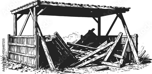 Dilapidated wooden shed with broken planks and collapsed roof structure in outdoor setting