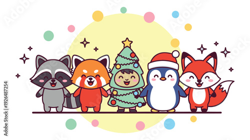 Cute animals celebrating Christmas with festive hats and decorations