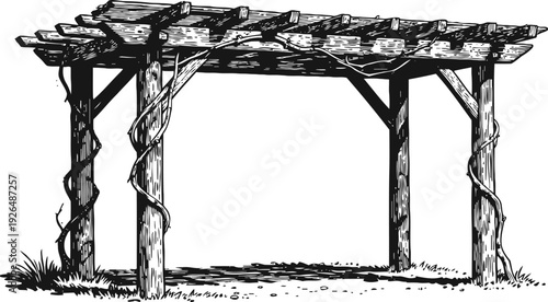 Rustic wooden pergola with climbing vine plants garden outdoor structure for shade and decoration