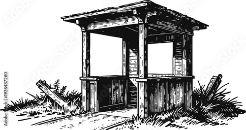 Rustic wooden bus stop shelter in rural landscape, simple open structure with roof and benches