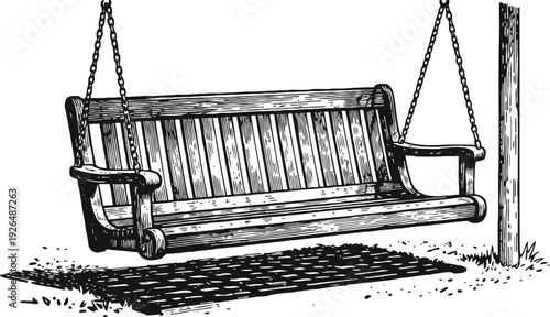 Wooden porch swing hanging from chains on a post, rustic outdoor seating bench illustration