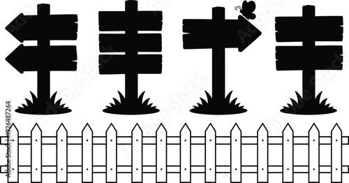 Black silhouette wooden direction signboards and picket fence set, arrow sign shapes isolated on white background, vector illustration collection