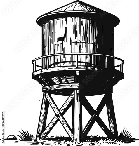 old wooden water tower on stilts with railing and triangular support structure