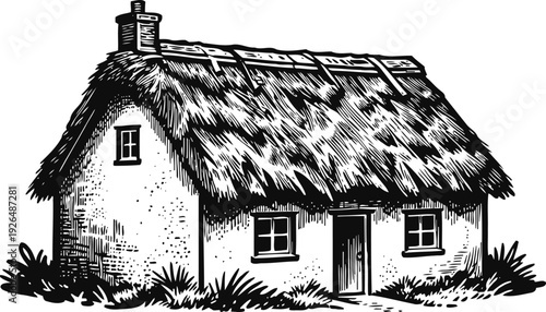 Thatched cottage with chimney, rustic countryside house surrounded by grass and shrubs, black and white illustration