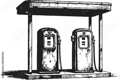Vintage gas station pumps under canopy, retro fuel dispensers isolated black and white sketch