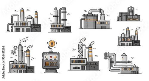 Industrial factory buildings with chimneys and smoke, vector illustration set.