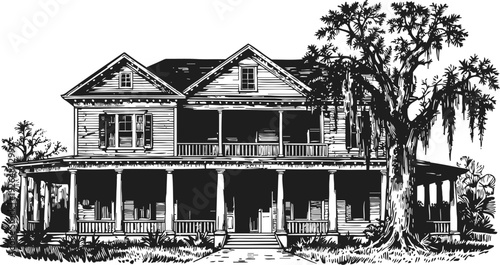 victorian southern mansion with wrap around porch and large tree in black and white illustration