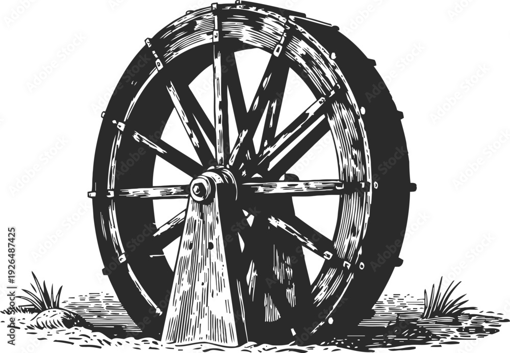 Fototapeta premium Vintage waterwheel illustration old wooden water wheel with spokes, mechanical rustic device for water power