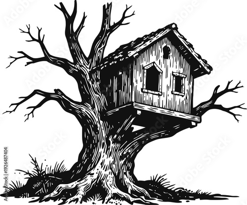 Old wooden treehouse on a large twisted tree with bare branches in black and white illustration