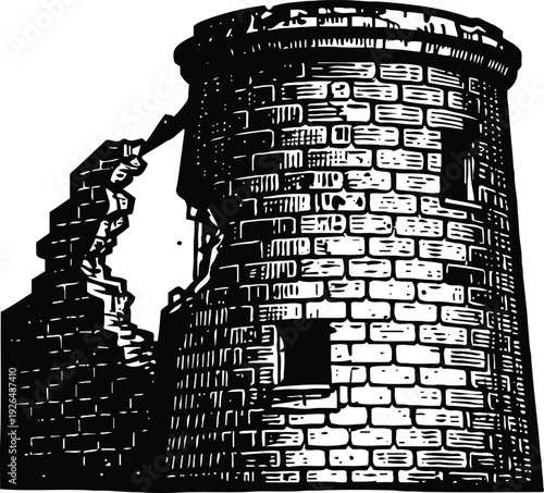 Old ruined stone tower with broken wall and single window, vintage black and white illustration