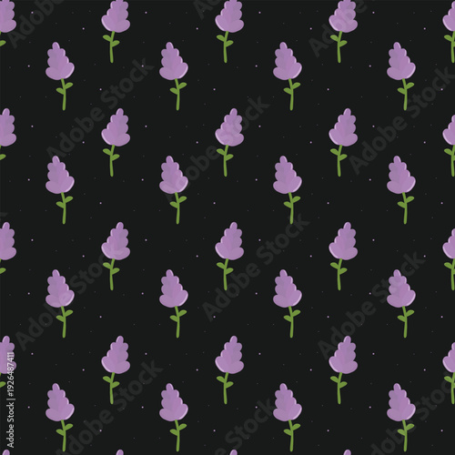 Purple lavender flower seamless pattern on black background for cosmetics packaging. Floral Provence style