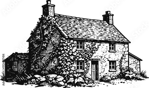 Vintage countryside cottage with ivy climbing stone walls and chimney smoke