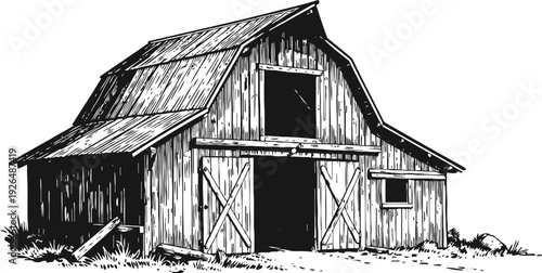 Rustic wooden barn with open doors and pitched roof, countryside farm building sketch