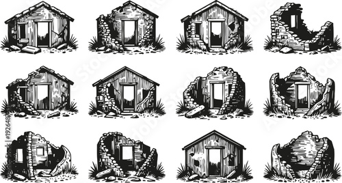 set of old wooden and stone houses in various stages of decay and ruin, vintage monochrome illustrations