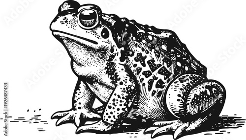 Detailed black and white illustration of a sitting toad with textured skin and big eyes in vintage engraving